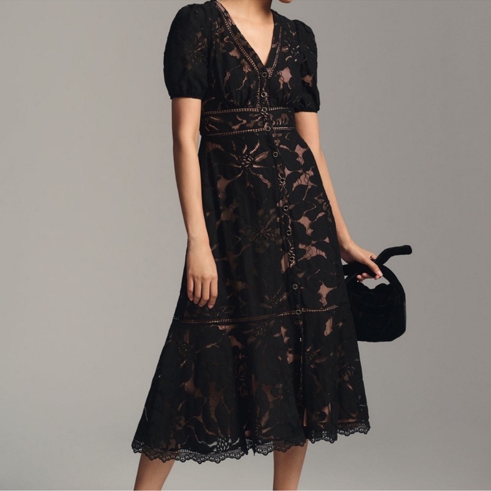 Anthropologie Ophelia Puff Sleeve Elegant Black Lace Dress US10